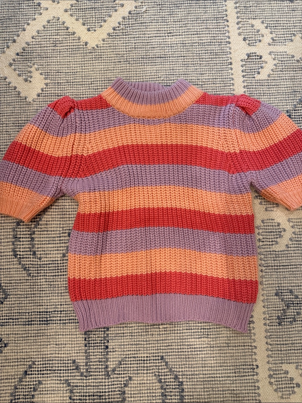 English Factory Striped Short-Sleeve Knit Sweater in Lavender, Coral, and Peach